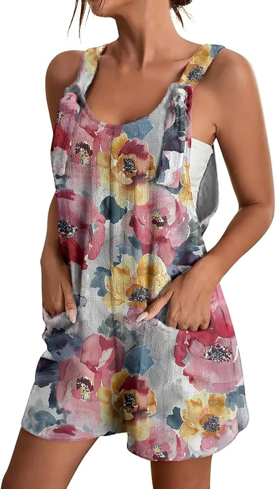 ZOCANIA Women's Ditsy Boho Floral Print Summer Cute Short Overalls Loose Fit Sleeveless Casual Ro... | Amazon (US)