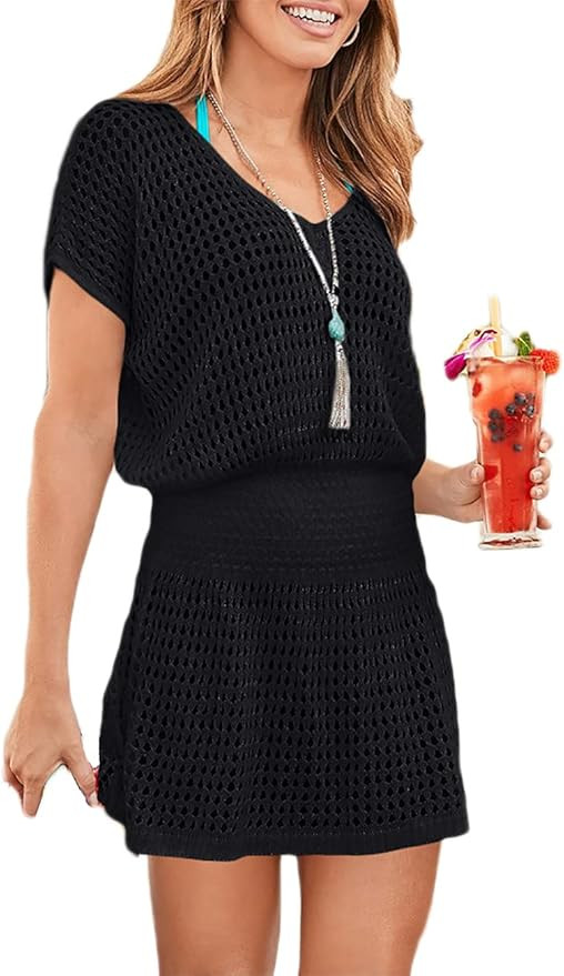 Bsubseach Women Crochet Hollow Out Swim Cover Ups Short Sleeve Beach Swimwear Tunic Dress | Amazon (US)