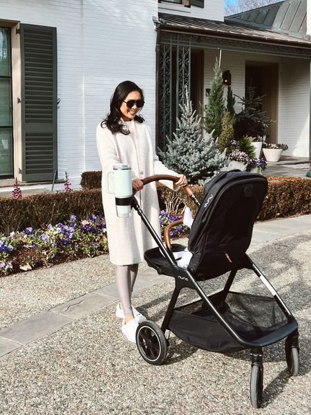 Mom outfit for the winter with neutral colored leggings on sale! Pairing with a cashmere sweater and wool blend coatigan. We love our Nuna URBN + TRIV  stroller setup! 

#LTKstyletip #LTKfamily #LTKbaby