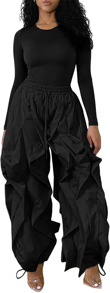 knowfashionstyle Women 2 Piece Outfits Cargo Parachute Pants Set Long Sleeve Top Baggy Y2K Balloo... | Amazon (US)