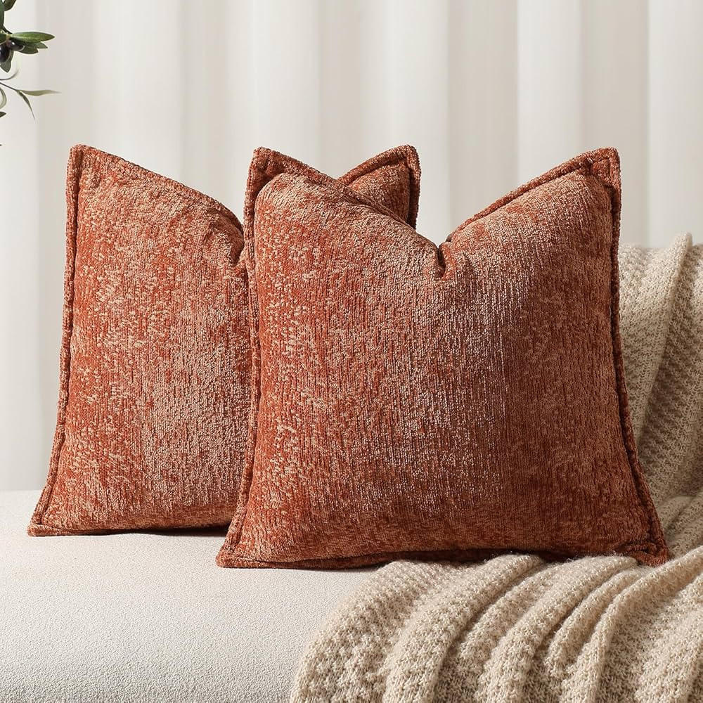 DEZENE Pack of 2 Burnt Orange Fall Decorative Throw Pillow Covers 18x18 Cozy Soft Chenille Accent... | Amazon (US)