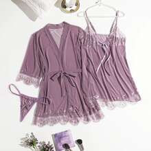 3pack Plus Contrast Lace Lingerie Set With Robe | SHEIN