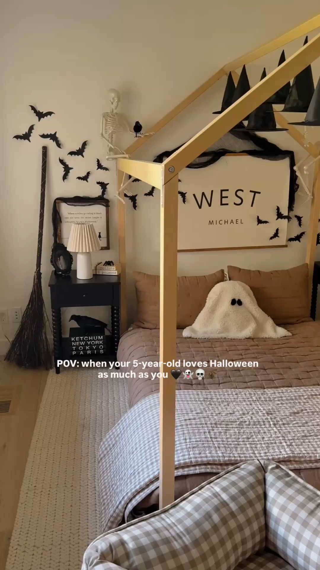 POV: when your 5-year-old loves Halloween as much as you🖤👻🦇💀🐦‍⬛ West asked me to decorate his room this year… so I delivered🧙🏻‍♀️ Love the spirit of the season🪄🪄

Styling the space with classic paper bats, hanging witch hats, skeletons, black pumpkins and more. Comment “HALLOWEEN” and ill send the details to your DMs🪄

#LTKHome #LTKSeasonal #LTKKids