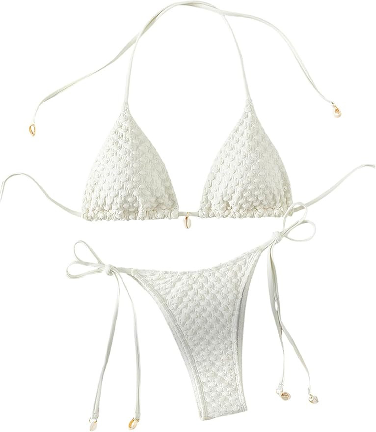SHENHE Women's 2 Piece Halter Swimsuit Textured Tie Side Triangle Bikini Bathing Suit | Amazon (US)