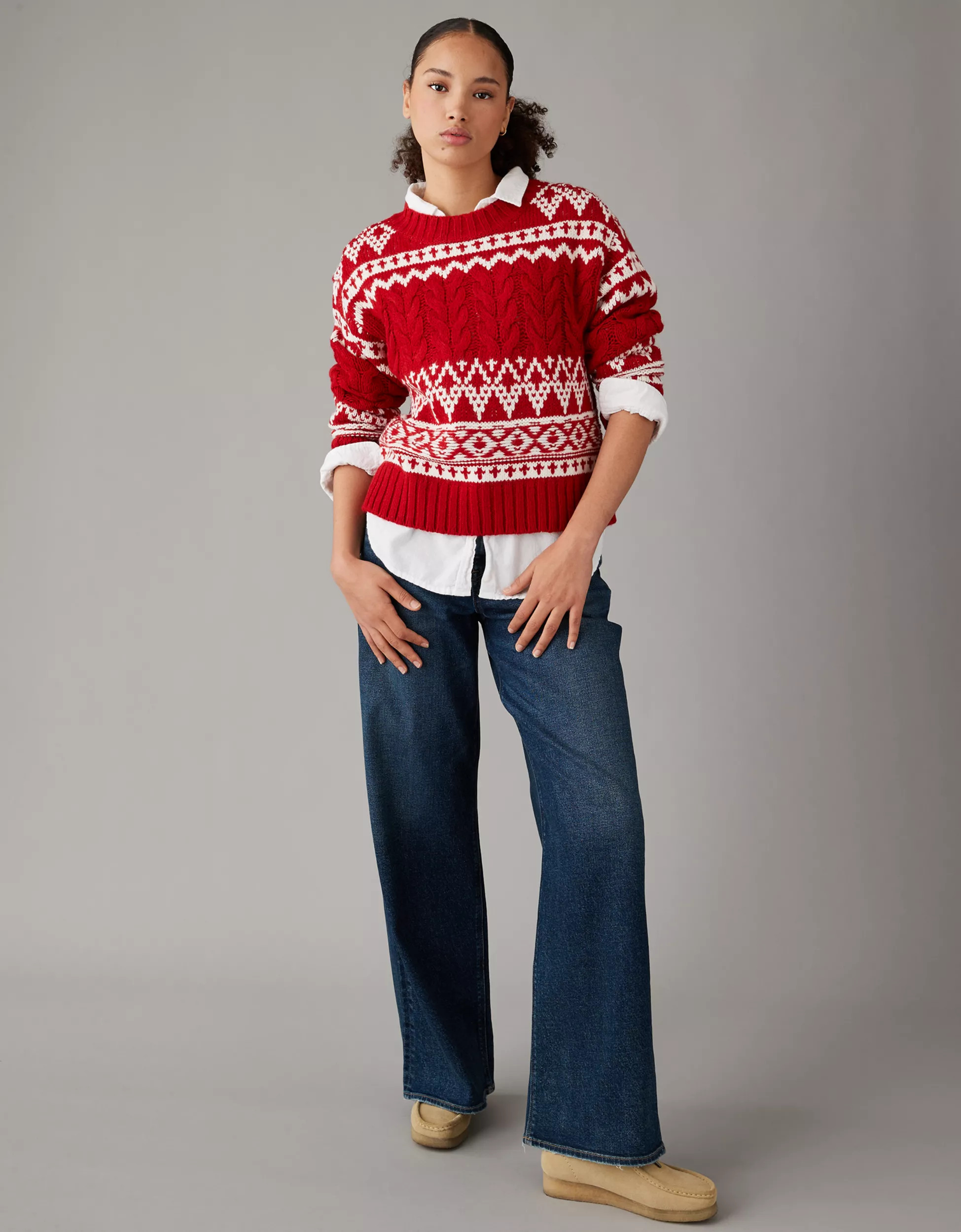 AE Fair Isle Cable-Knit Crewneck Sweater | American Eagle Outfitters (US & CA)