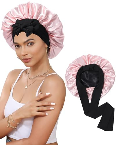 Satin Bonnet Silk Bonnet for Sleeping Silk Sleep Cap Double Layer Hair Bonnet with Elastic Tie Band for Curly Hair Night Cap (Black + Peach Pink) | Amazon (US)