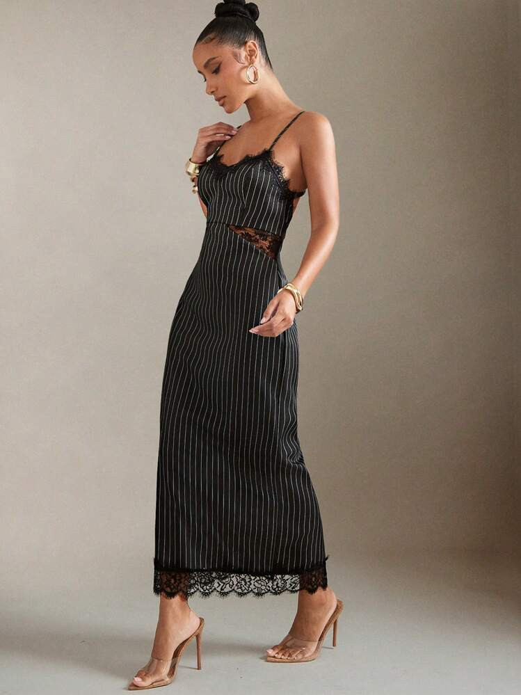Pinstripe lace dress  | SHEIN