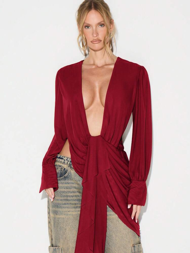 KIZN Deep V Neck Long Sleeve Wrap Style Blouse With Draped Front Detail | SHEIN