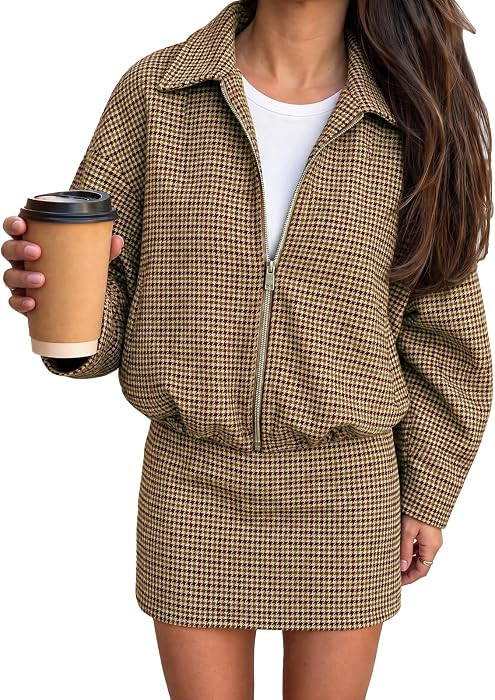 Tankaneo Womens Plaid 2 Piece Skirt Sets Bomber Jackets Skirts Matching Set | Amazon (US)
