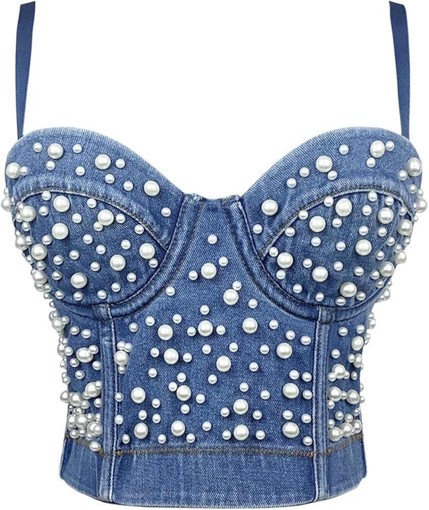 Ypser Denim Corset Top Push Up Bustier Crop top Corset Top Bra Jean Top | Amazon (US)