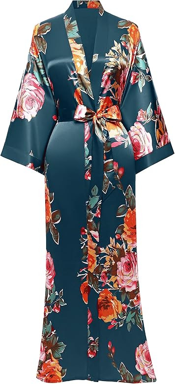 BABEYOND Women's Kimono Robe Long Satin Silky Floral Lightweight Bridesmaid Wedding Bachelorette ... | Amazon (US)