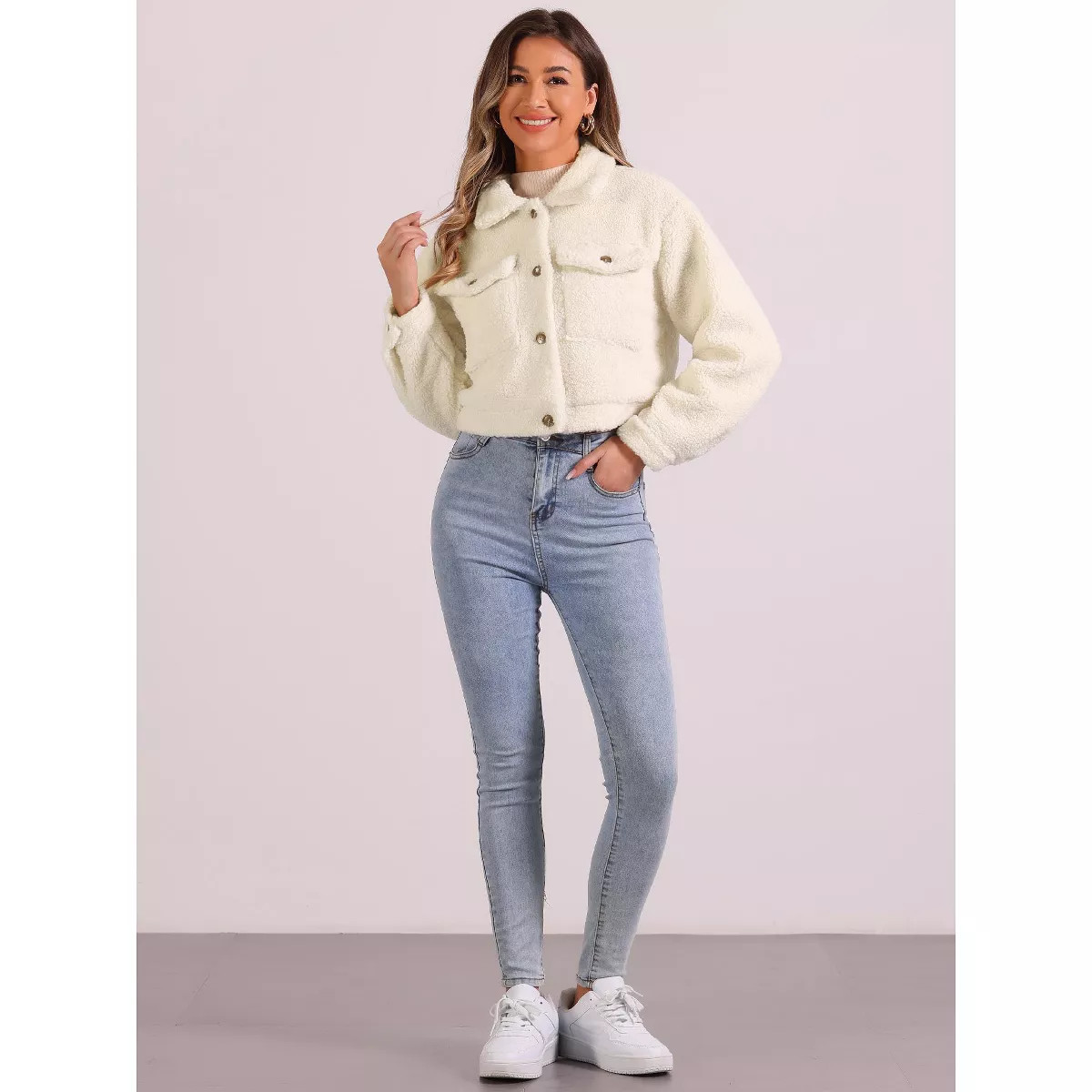 Allegra K Women's Lapel Faux Fur Button Down Long Sleeve Casual Short Jackets Large Beige | Target