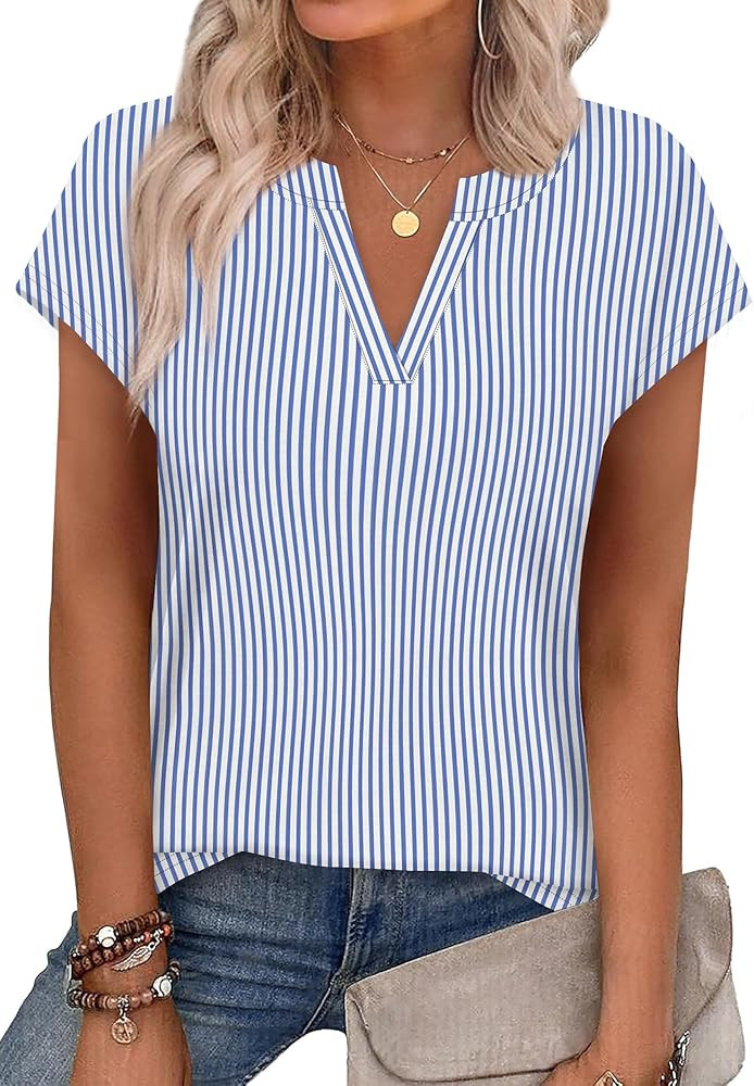 WIHOLL Womens Summer Tops V Neck T Shirts Cap Sleeve Business Casual Outfits Loose Fit Beach Vaca... | Amazon (US)