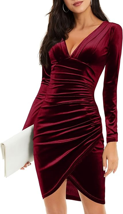 HUHOT Womens Sexy Deep V Neck Long Sleeve Hide Tummy Velvet Bodycon Ruched Mini Party Cocktail Dr... | Amazon (US)