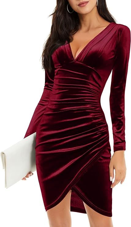 HUHOT Womens Sexy Deep V Neck Long Sleeve Hide Tummy Velvet Bodycon Ruched Mini Party Cocktail Dr... | Amazon (US)
