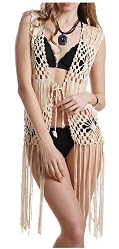 Sleeveless Long Fringe Crochet Vest Beach Bikini Cover up Hippie Clothes for Women Free Size Summer Beachwear (Free, Beige) | Amazon (US)