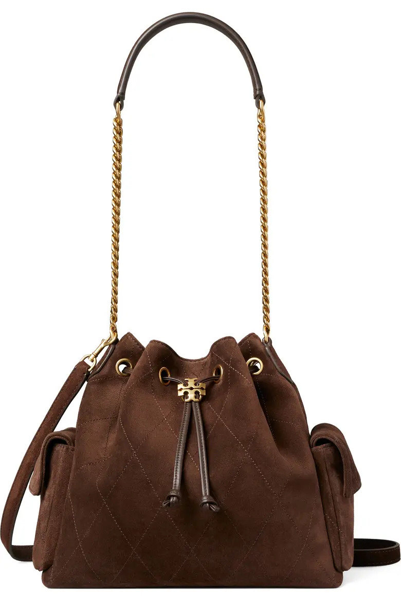 Tory Burch Charlie Quilted Suede Drawstring Bag in Toffee at Nordstrom | Nordstrom