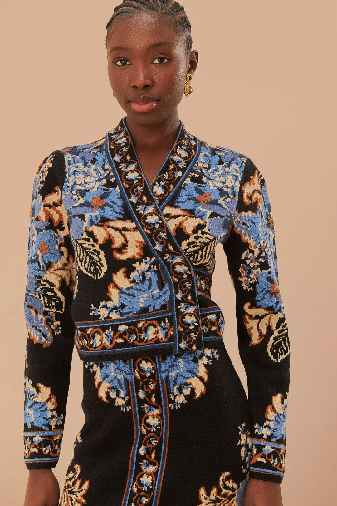 Black Blossom Tapestry Knit Wrap Blouse | Farm Rio UK