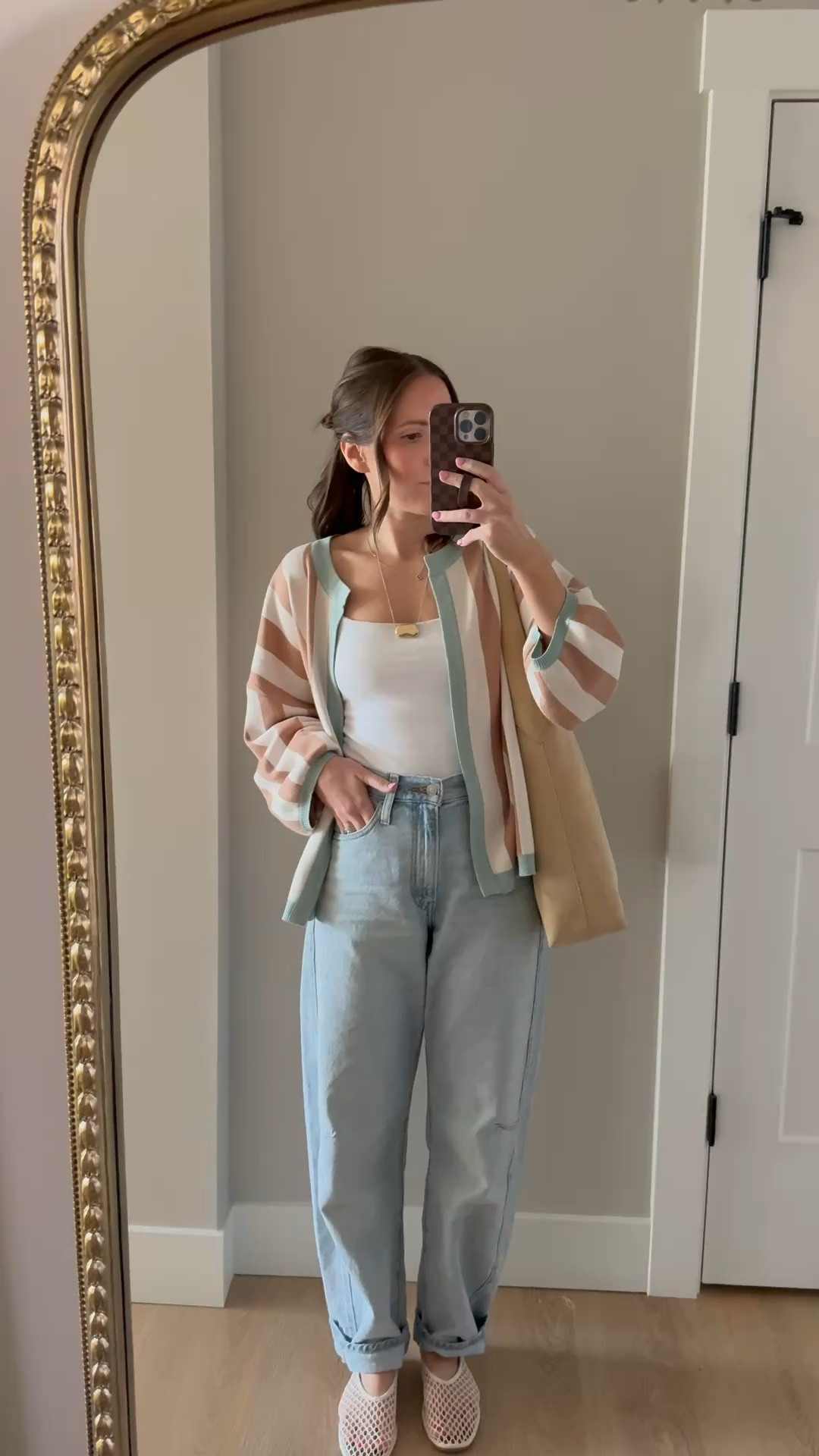 ootd in the cutest Amazon cardigan! Also wearing two of my closet staples - the bra free tank and cinch barrel jeans, wearing a small cardigan, xs tank and size 25 denim

ootd, Amazon find, Levi’s cinch waist, spring outfit, mesh flats, spring outfit idea, barrel jeans 

#LTKootd