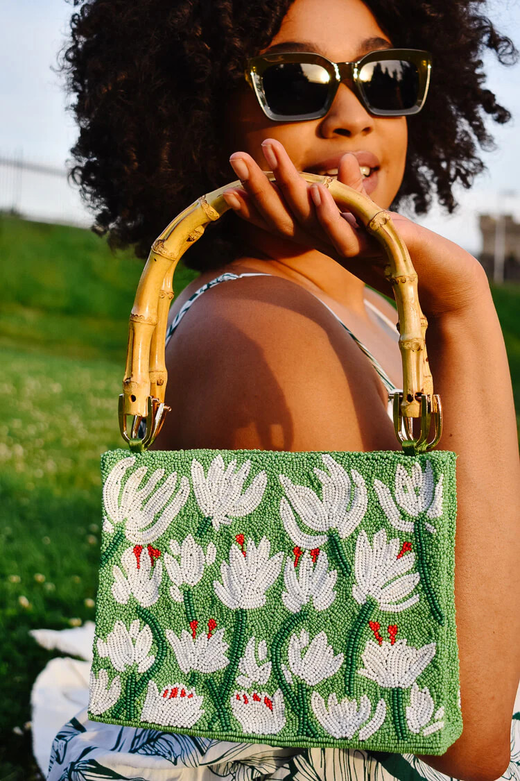 Beaded Leaf Print Bag with Bamboo Handles | Confête