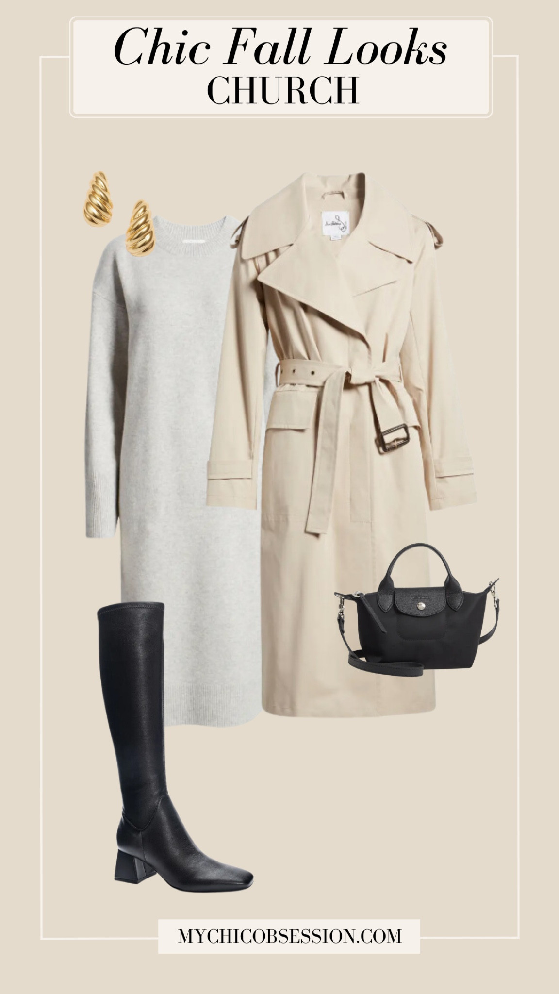 Style a chic look for church with the Nordstrom Anniversary Sale. Pair a belted trench coat with a soft sweater dress, along with a crossbody Longchamp Le Pliage, knee high boots, and gold earrings.

#LTKStyleTip #LTKSeasonal #LTKxNSale