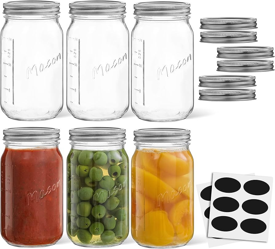 32 Oz Mason Jars With Lids, Labels and Measures! 6-Pack Wide Mouth Mason Jars, Glass Jar with Lid... | Amazon (US)