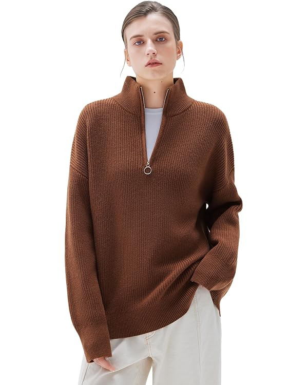 SUUKSESS Women Cashmere Oversized Sweater Quarter Zip Pullover Long Sleeve Collared Jumper | Amazon (US)