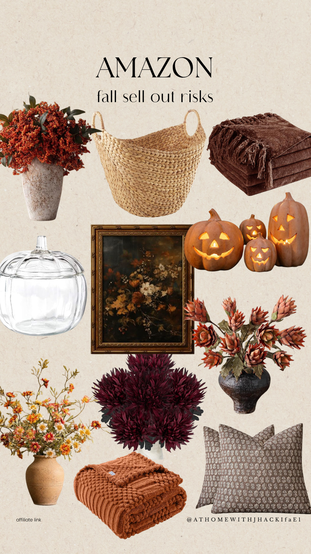 Amazon fall finds, Amazon fall must haves, Amazon fall decor, Amazon home finds, trending Amazon home decor, fall sell out risks, viral Amazon finds, fall home decor, cozy fall decor, autumn home decor, neutral fall decor, fall decorating ideas, fall floral stems, faux fall flowers, fall vase arrangement, woven basket, water hyacinth basket, brown throw blanket, cozy throw blanket, pumpkin decor, jack o lantern decor, neutral Halloween decor, glass pumpkin, vintage fall art, fall wall art, decorative pillows, brown throw pillows, textured throw blanket, fall bedding, cozy home finds, elevated fall decor, Amazon decor finds, fall home refresh

#LTKSeasonal #LTKHome