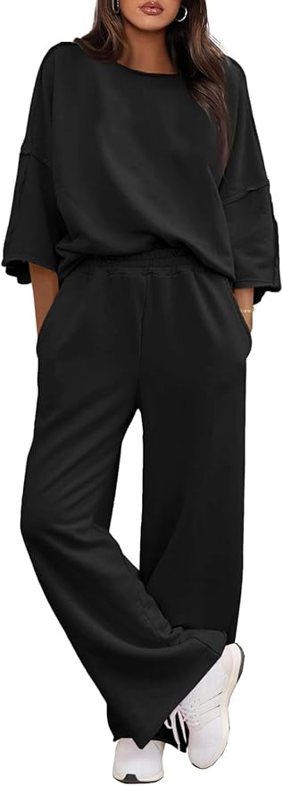 Fisoew Womens 2 Piece Lounge Sets Casual 3/4 Sleeve Tunic Tops Loose Wide Leg Pants Tracksuit Fal... | Amazon (US)