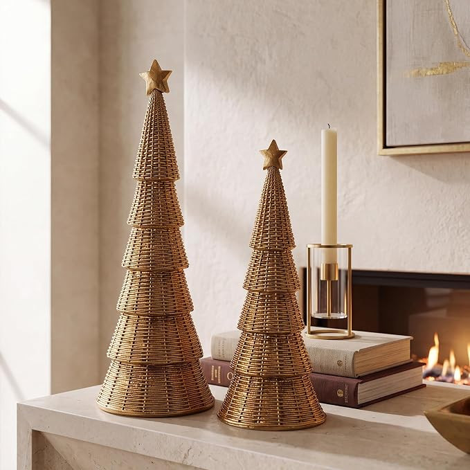 2 Pcs Resin Rattan Effect Christmas Trees Set Rustic Wicker Christmas Cone Tree Neutral Tabletop ... | Amazon (US)