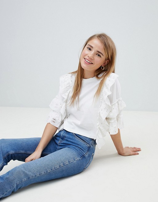 ASOS DESIGN ruffle sleeve t-shirt with broderie detail | ASOS US