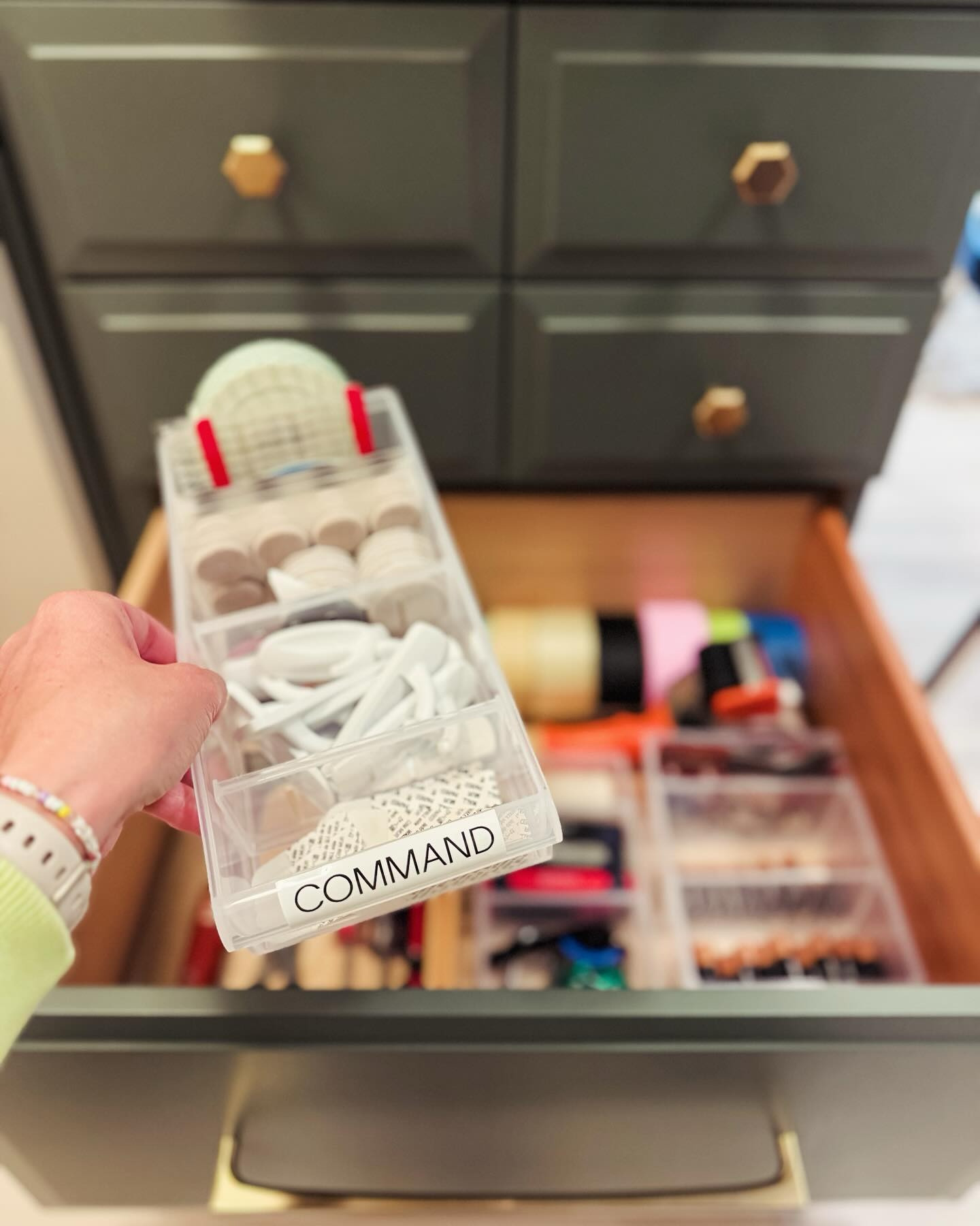 This laundry + mudroom combo is raring to go for summer! Turntables create easy access to all the essentials and everything else remains contained (boundaries are a great thing).

The real MVP of the space is this featured drawer where stackable bins provide layers of household quick grab items in a single drawer!

Ahhhh…that moment when everything has a place feels so good!