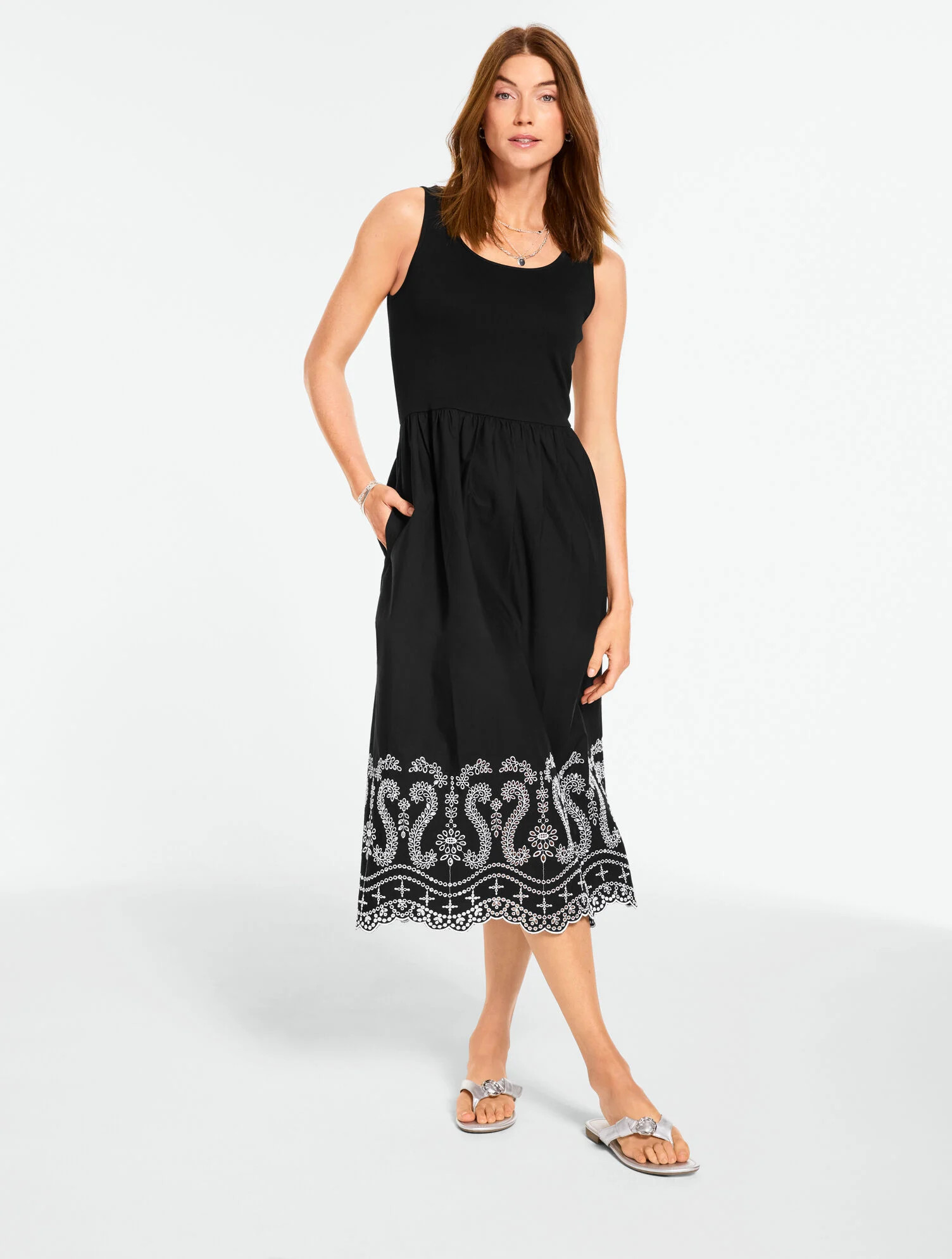 Embroidered Mixed Media Midi Dress | Talbots