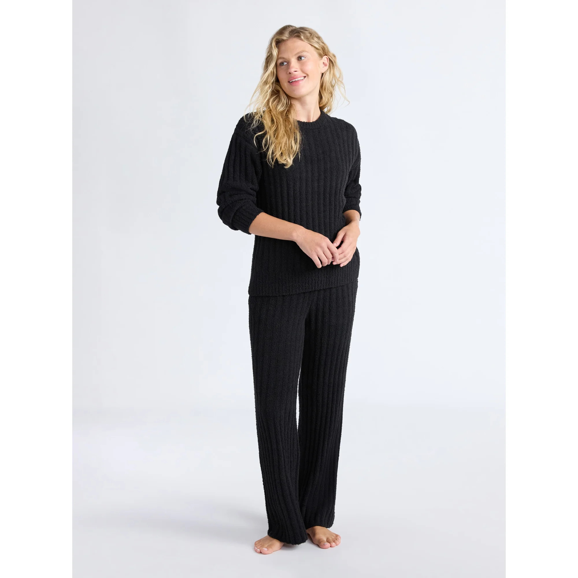 Joyspun Women's Cozy Ribbed Crewneck Top and Wide-Leg Pants Set, 2-Piece, Sizes XS-3X | Walmart (US)