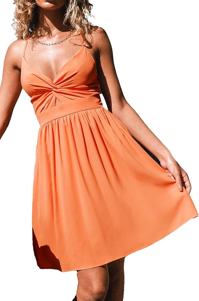 CUPSHE Smocked Slip Mini Dress for Women Summer Beach Dress Spaghetti Strap Cut Out V Neck Short ... | Amazon (US)