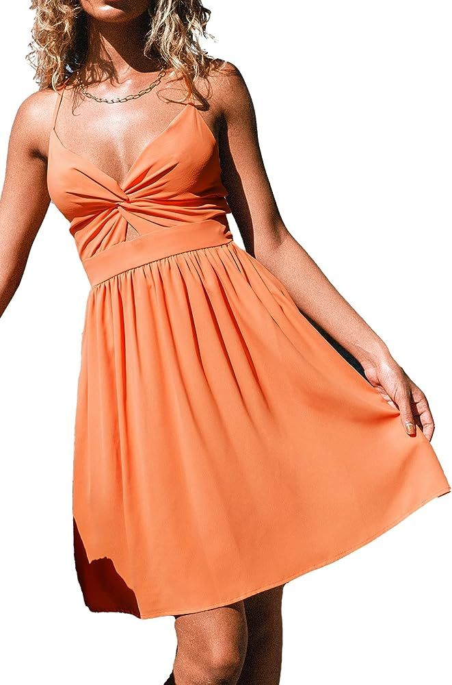 CUPSHE Smocked Slip Mini Dress for Women Summer Beach Dress Spaghetti Strap Cut Out V Neck Short ... | Amazon (US)