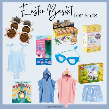 Easter basket ideas for kids- boys and girl ideas. Personalized sunglasses, games, books, new swimsuits and poncho towels ready for spring break! 

#LTKSeasonal #LTKSpringSale #LTKkids
