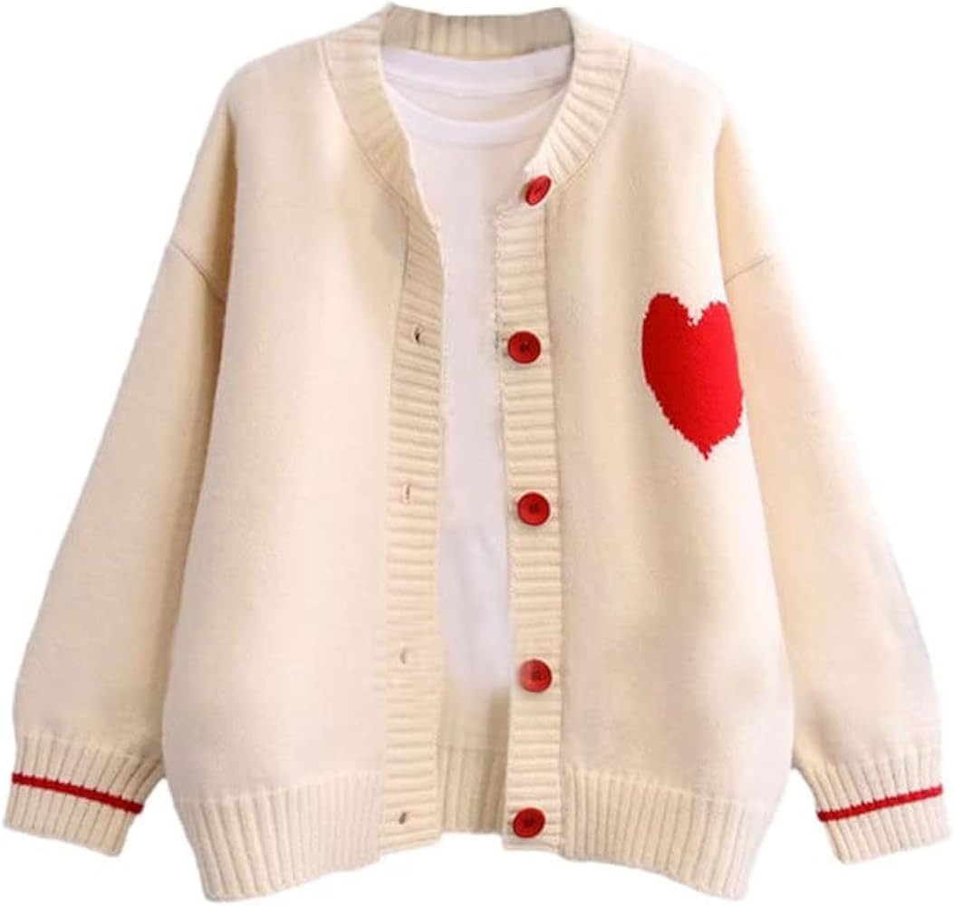 FindThy Women's Cute Cardigan Sweater Kawaii Love Heart Print Y2K Button Knitted Outerwear | Amazon (US)