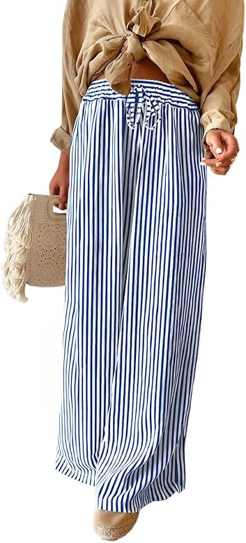 Acelitt Women Casual Drawstring Elastic Waist Striped Wide Leg Pants with Pockets, S-XXL | Amazon (US)