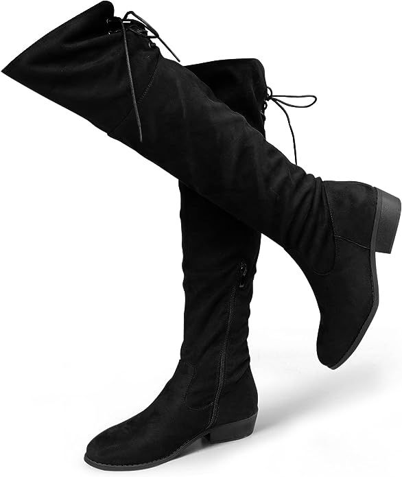 Hawkwell Women's Thigh High Fashion Boots Over The Knee Black Low Flat Heel Boots | Amazon (US)