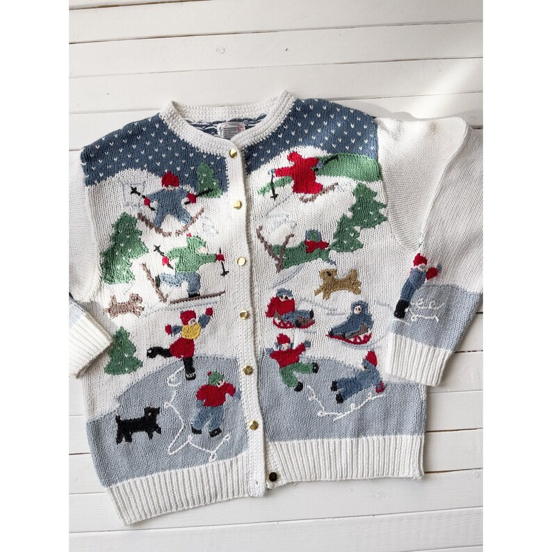 Vintage Orvis White Winter Sports Skiing Ice Skating Christmas Cardigan Sweater - Etsy | Etsy (US)