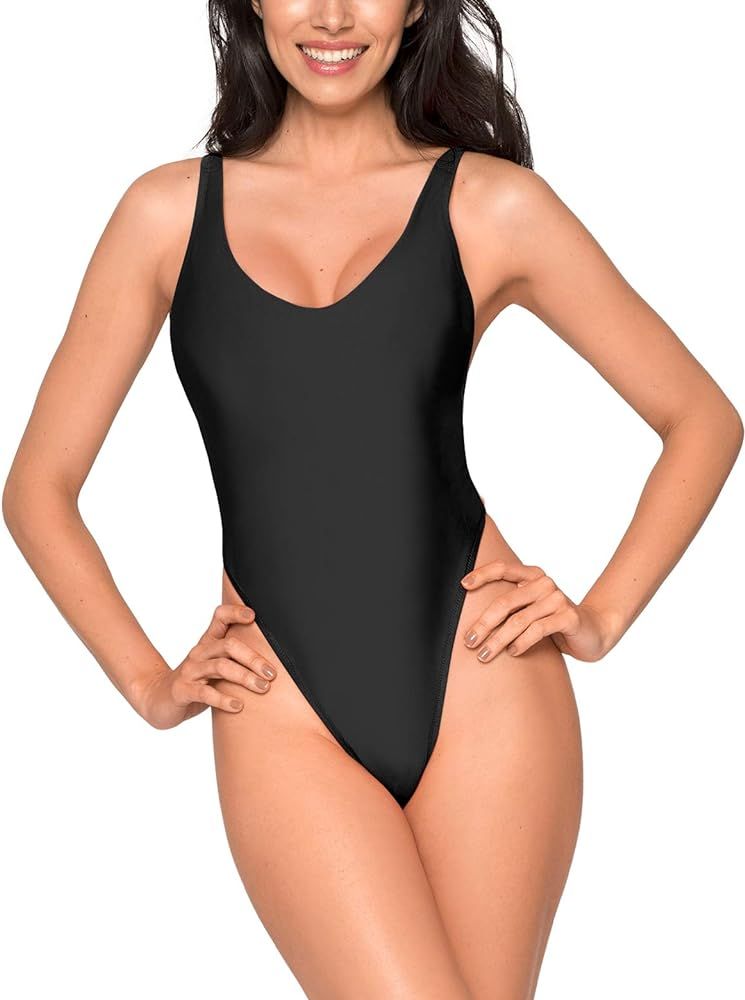 Amazon.com: Ocean Blues Women's Black High Cut Low Back One Piece Swimwear Bathing Suits Size Sma... | Amazon (US)