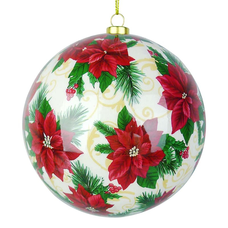 Classic Christmas Poinsettia Printed Ball Ornament, 4" | At Home