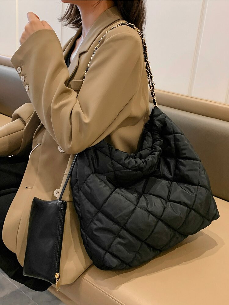 Argyle Quilted Chain Shoulder Tote Bag With Coin Purse | SHEIN