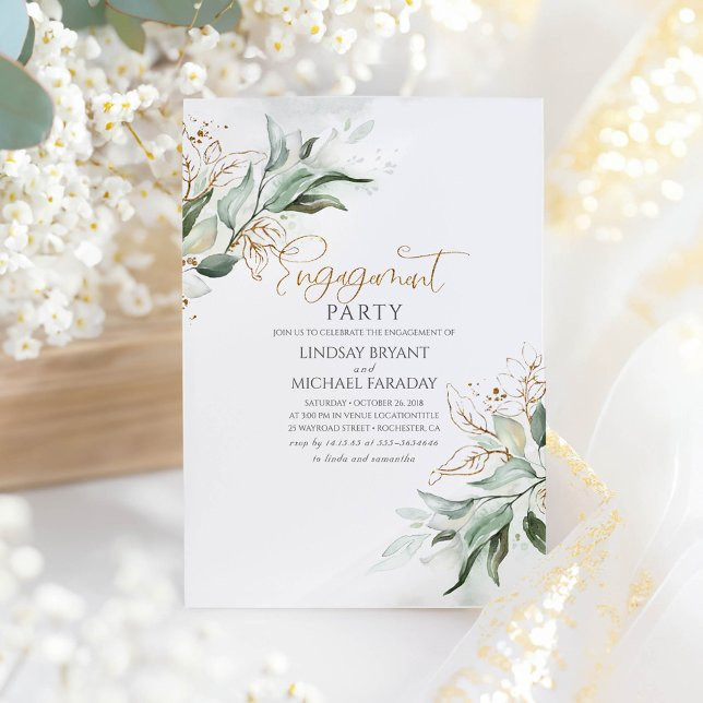 Gold Leaves Greenery Elegant Engagement Party Invitation | Zazzle | Zazzle
