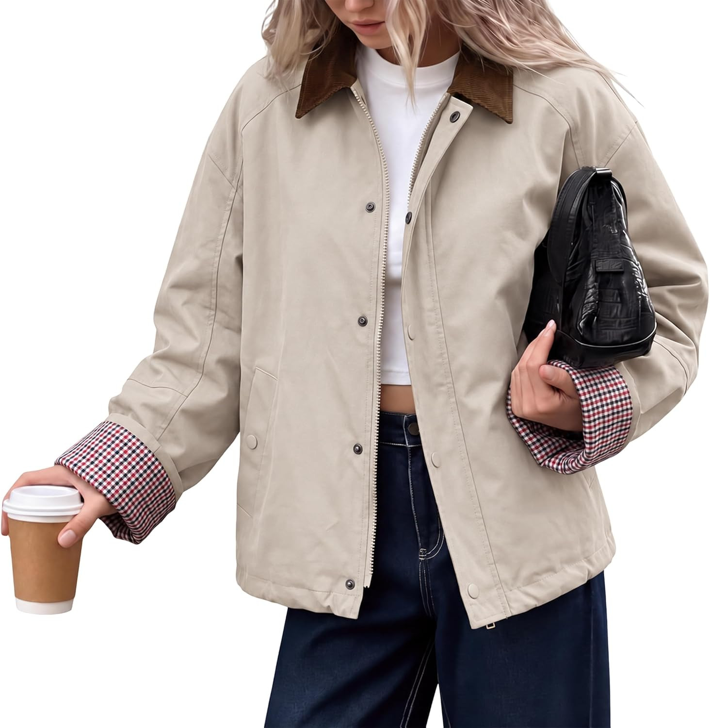 Watashi Women Barn Jacket Contrast Collar Plaid Cuff Zip Up Coat | Amazon (US)