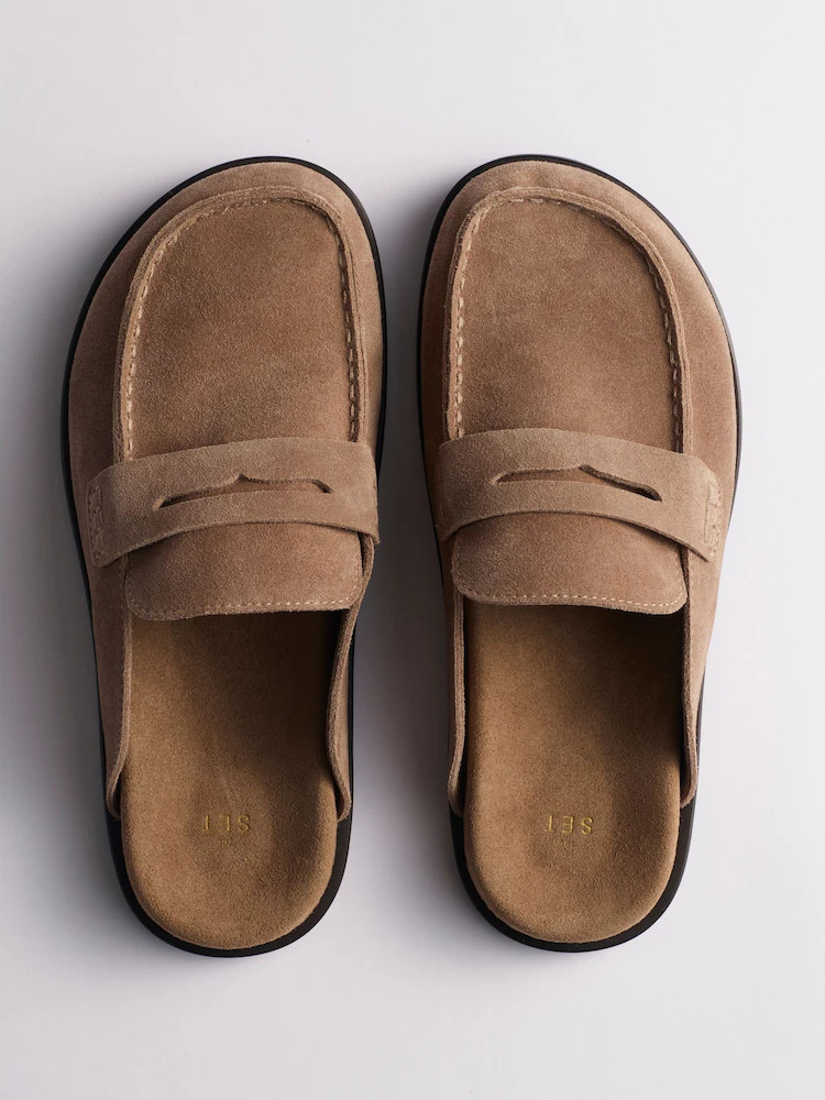 The Set Premium Comfort Suede Backless Footbed Clog Loafers Taupe Brown | Next US