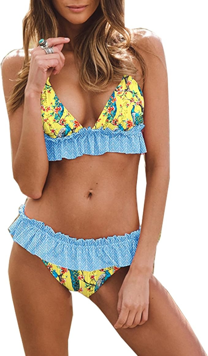 Women's Bikini Swimsuits Ruffle Floral Two Piece Bathing Suits Printed Halter Neck Swimwear Beach... | Amazon (US)