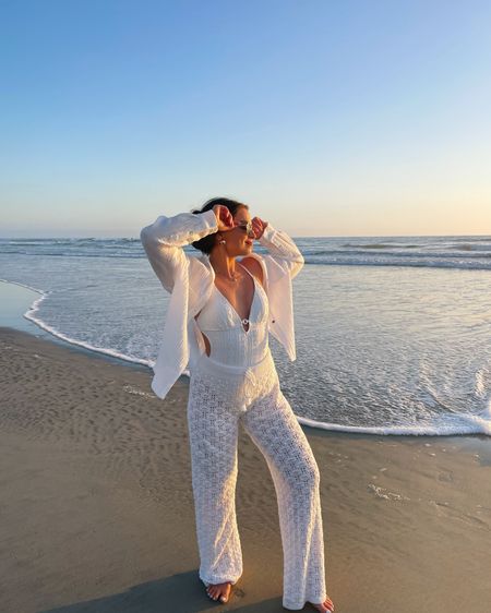 Beach outfit 🤍🌊

One piece bathing suit, knit beach pants, crochet beach pants, wide leg pants, vacation outfit, beach outfit, linen beach shirt, beach cover up, summer outfit 

#LTKtravel