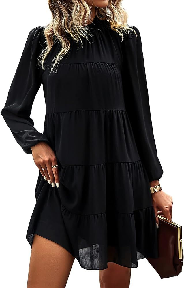 KIRUNDO Women's Long Sleeve Ruffle Mock Neck Tiered Mini Babydoll Dress Casual Swing Tunic Shift ... | Amazon (US)